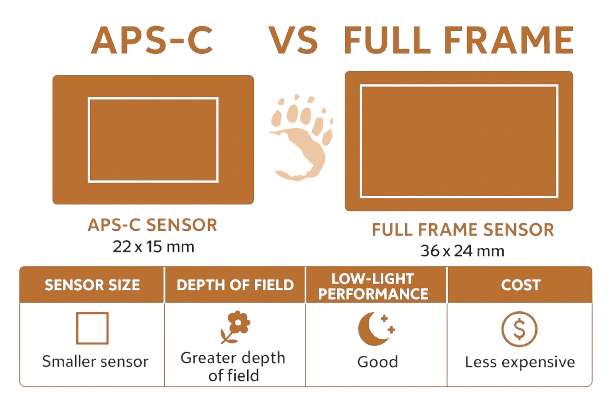 Comparison chart showing APS-C 22 x 15 mm vs Full Frame 36 x 24 mm sensors with icons indicating APS-C is smaller, has greater depth of field, and is less expensive; Full Frame has better low-light performance.